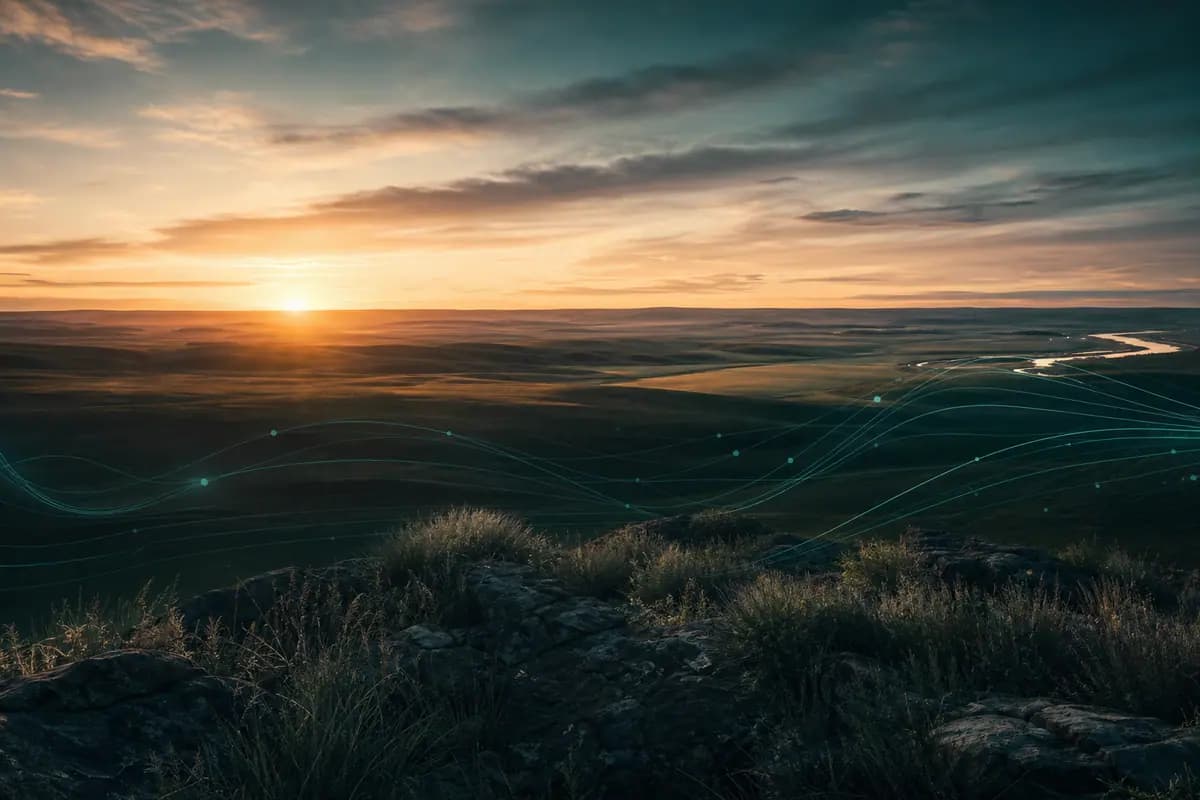 Saskatchewan prairie at sunrise with subtle lines connecting across the land