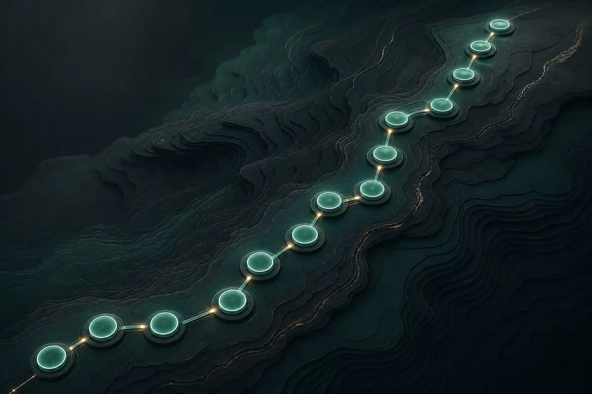 A sequence of illuminated readiness checkpoints across layered terrain