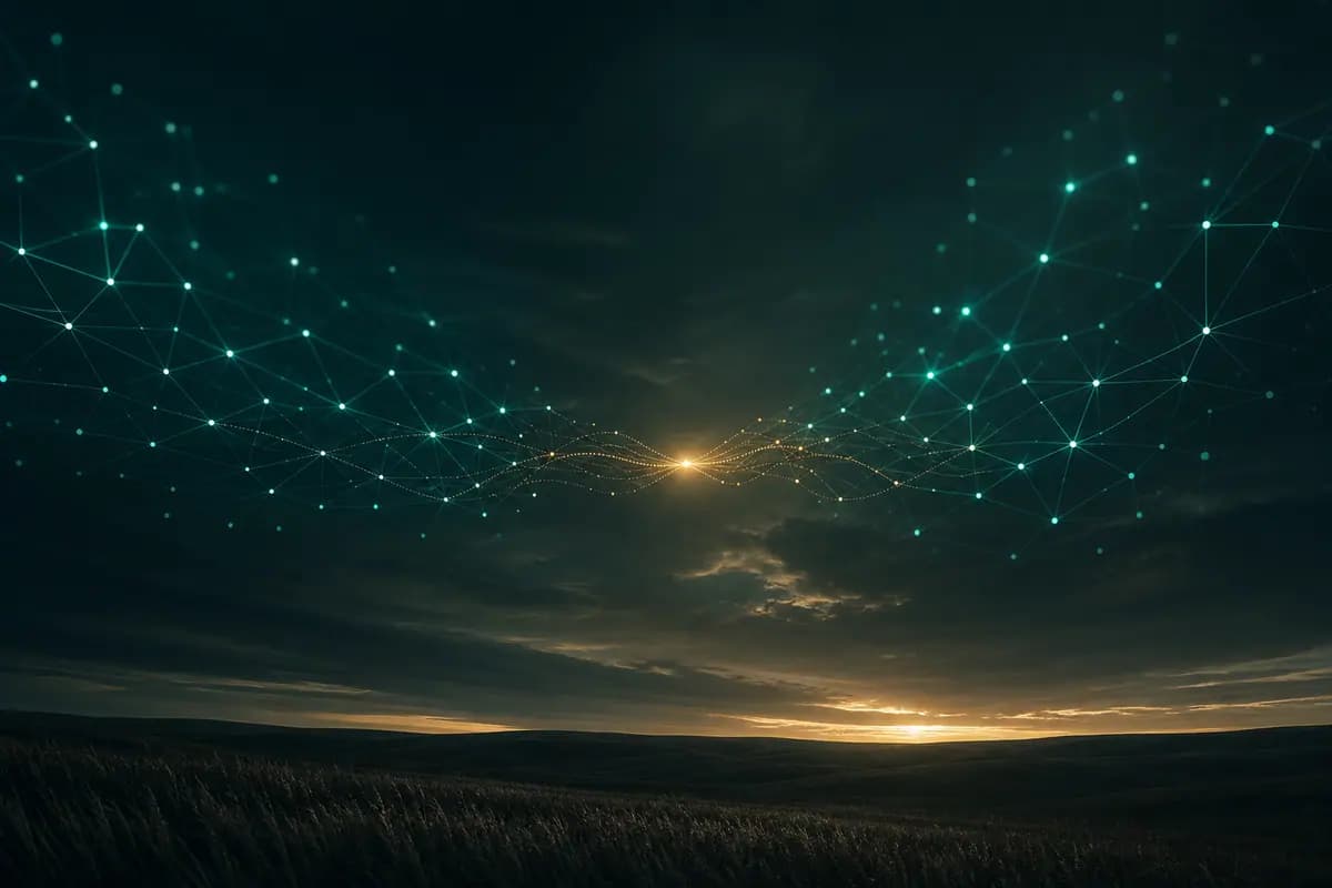 Two connected networks meeting at a warm point above the prairie horizon