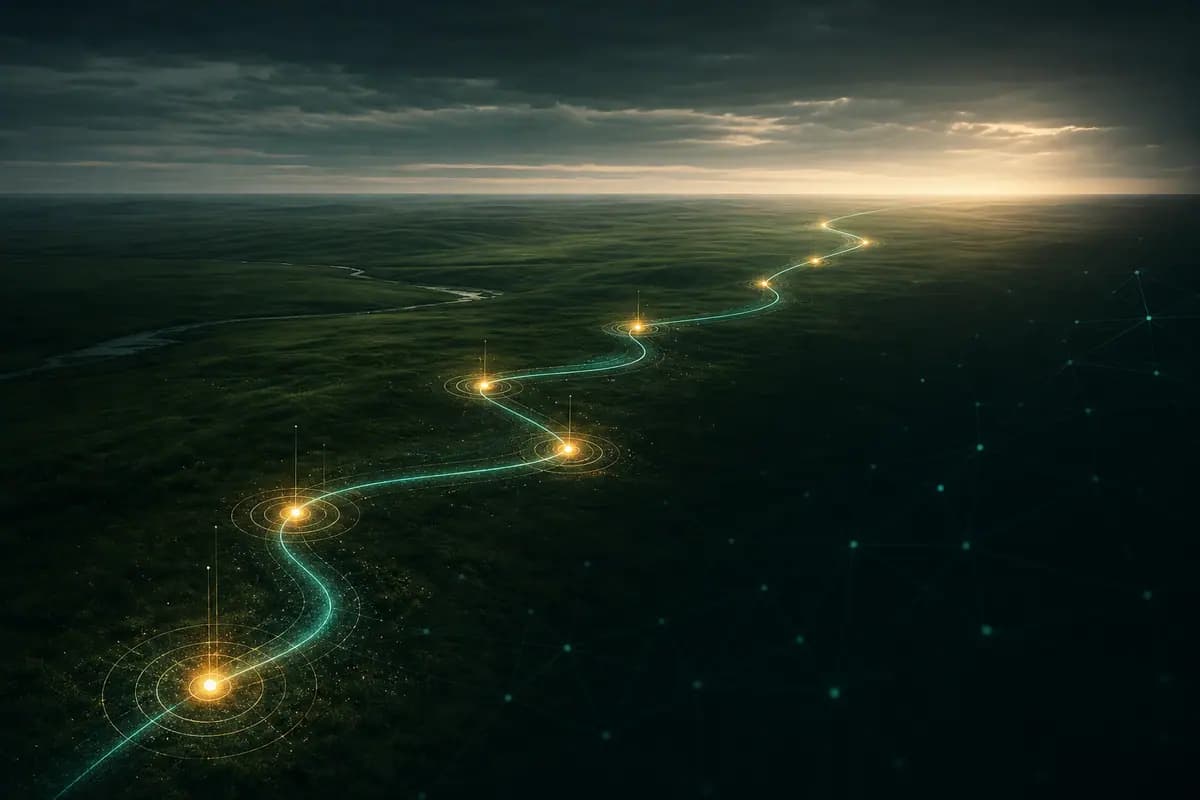Six illuminated waypoints following a pathway across an open prairie
