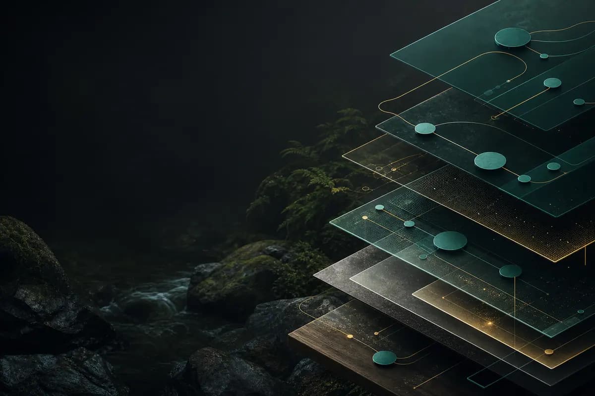 Layered knowledge planes connected over a dark natural landscape