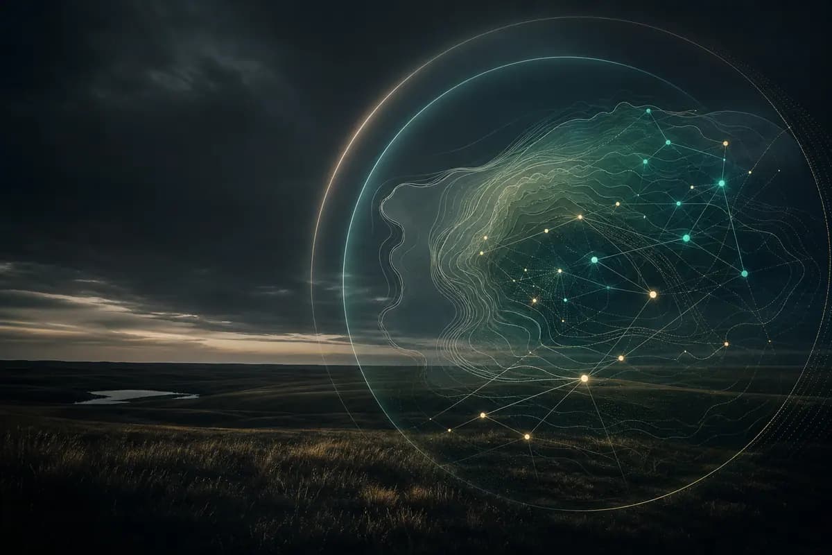 Connected data nodes held within layered contours above a Saskatchewan prairie