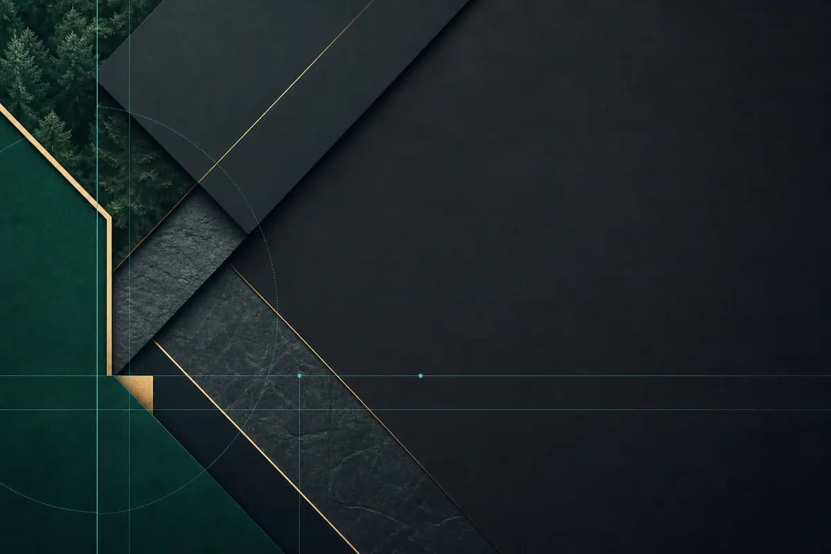 Balanced geometric layers forming a stable framework in charcoal, green, and gold