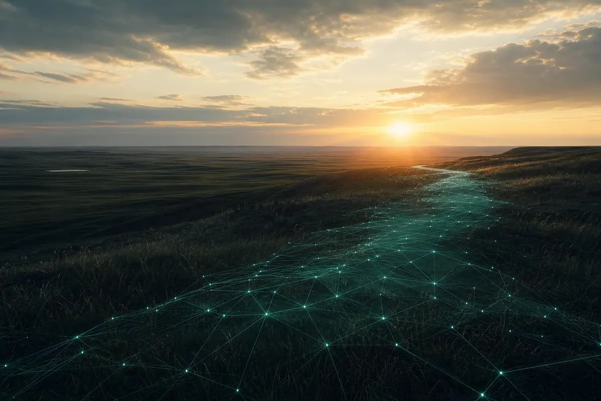 Saskatchewan prairie at sunrise with a teal network pathway leading toward the horizon