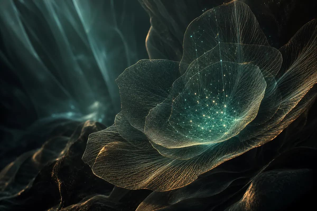 Luminous information points protected within layered translucent natural forms