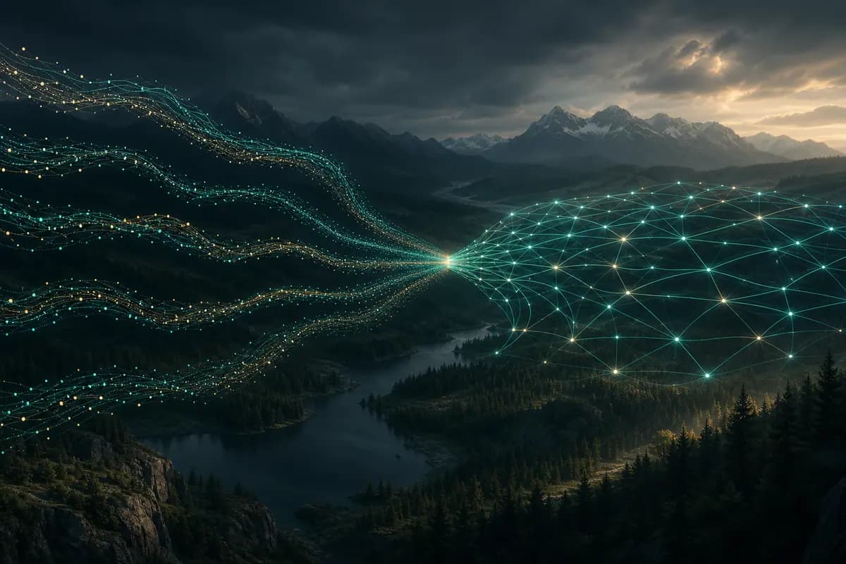 Several streams of connected data converging into one organized network
